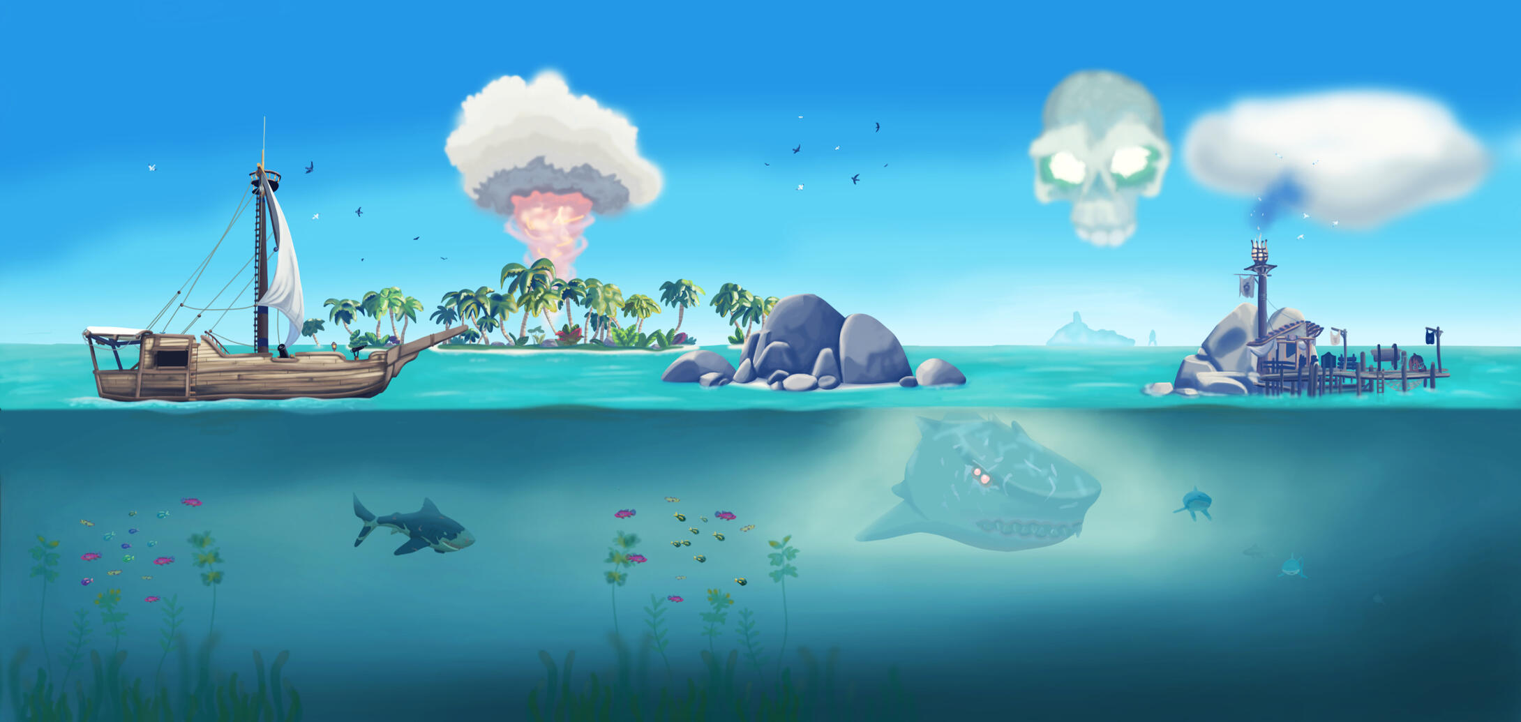 sea of theives shrouded ghost custom D20 sloop ashen winds skull fort sea post shark ocean island dice commission